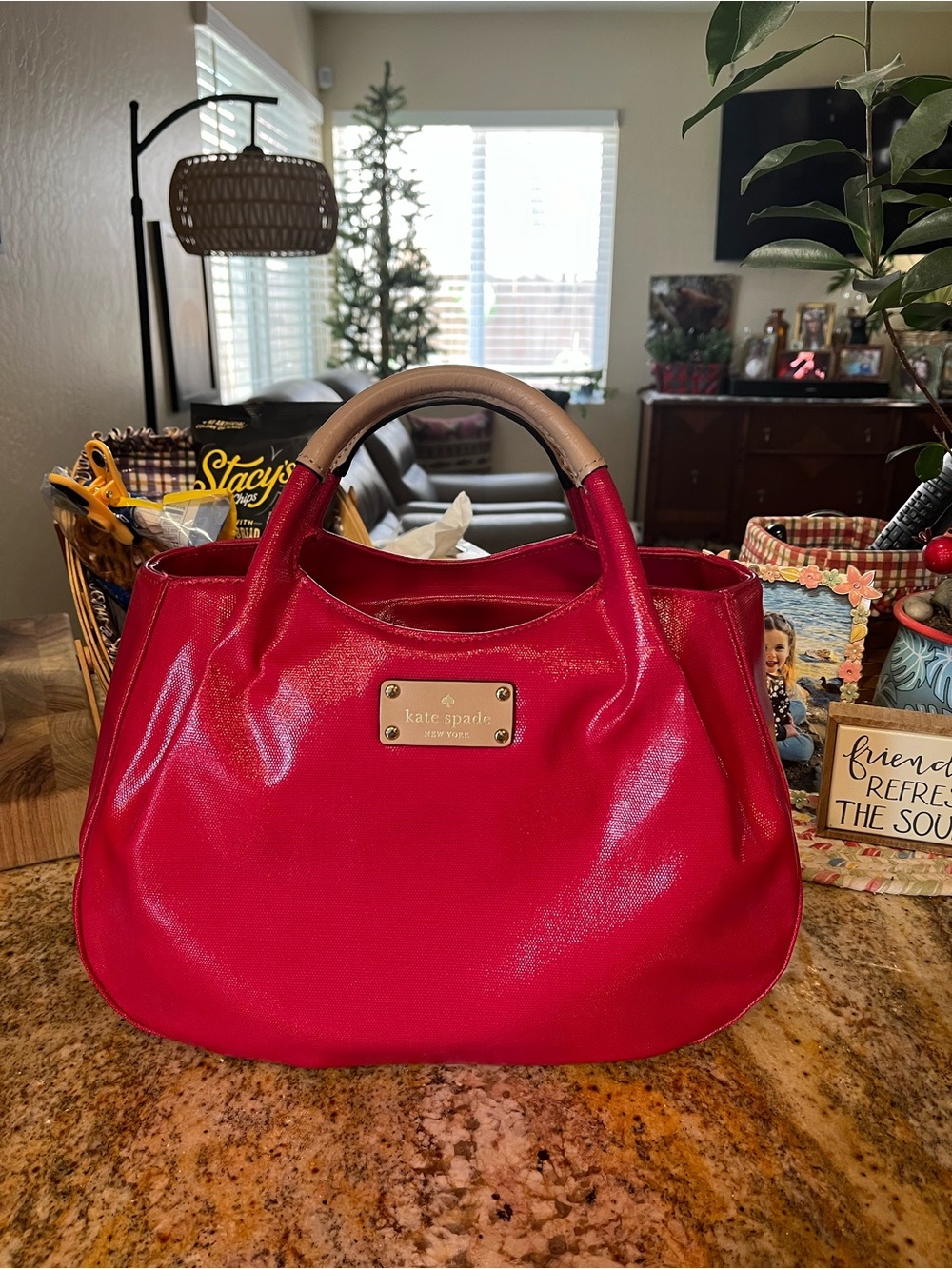 Kate Spade patent shine bright fuchsia tote with neutral top handles